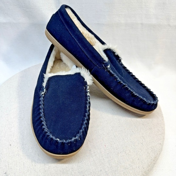 J. Crew Factory Other - J.Crew Moccasin Slippers Men 10 Navy Blue Suede Faux Fur Lined BL639 Preppy Cozy